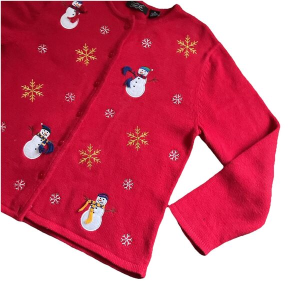 Crystal-Kobe Women's Red Christmas Cardigan Sweater Snowmen Design Size Medium - Picture 4 of 6